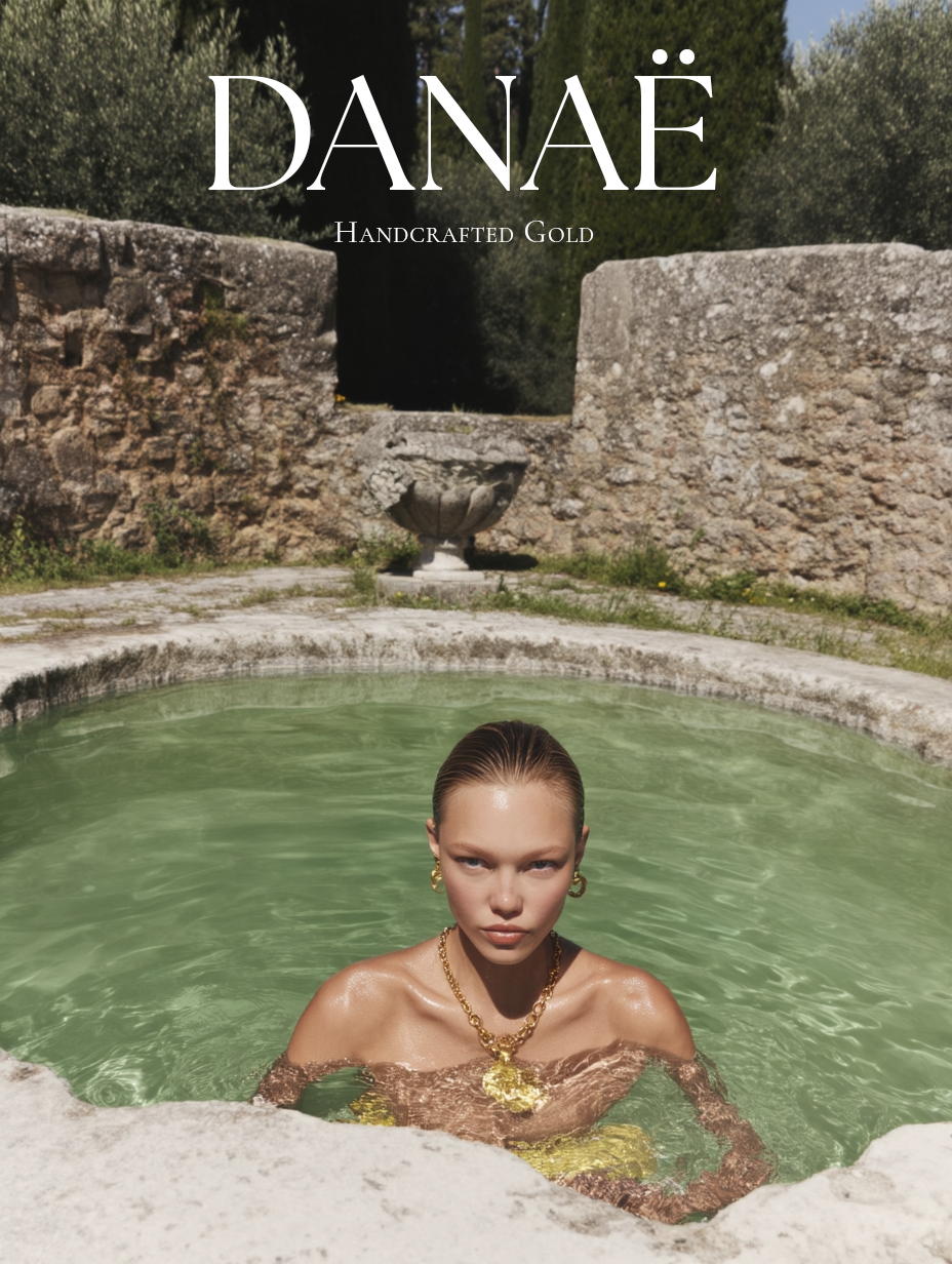DANAË campaign ad — model in stone pool wearing gold jewelry