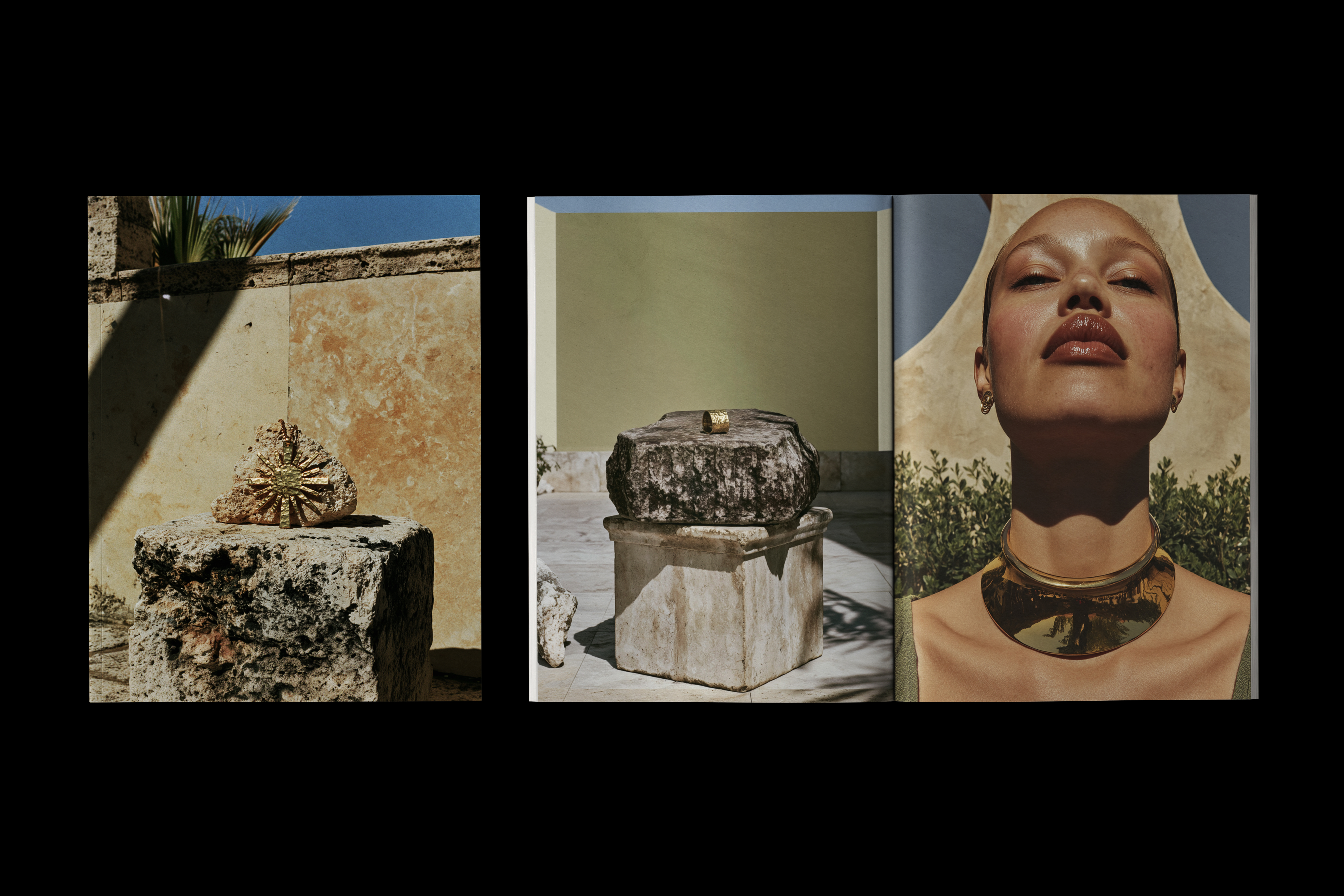 DANAË editorial lookbook spread — jewelry on stone plinths and campaign portrait